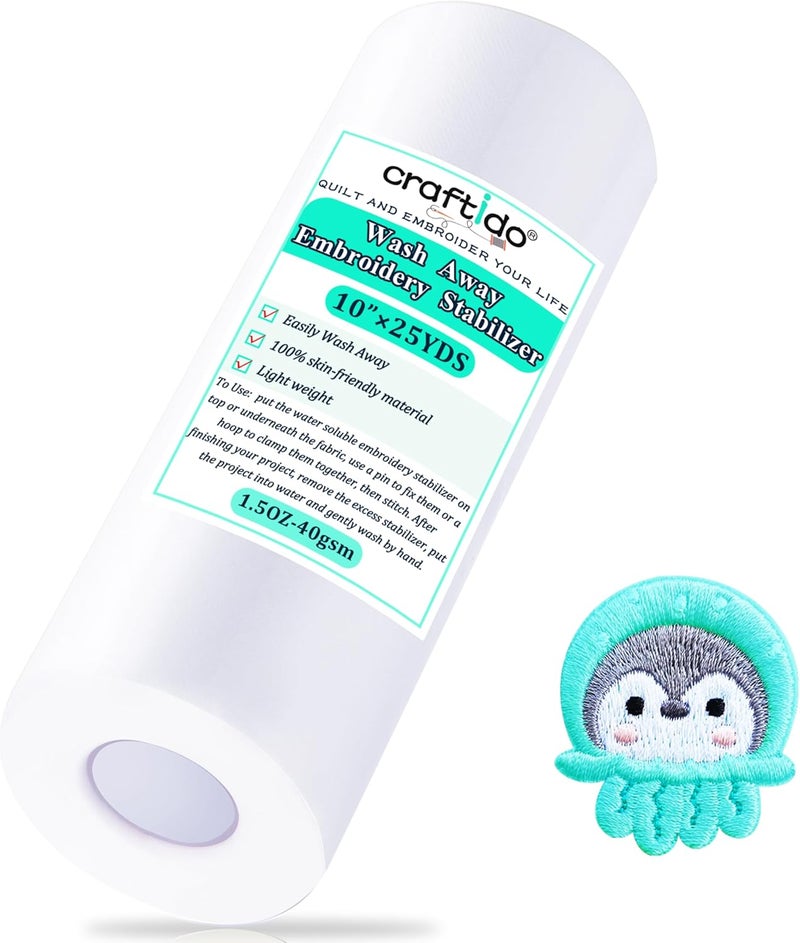 craftido Wash Away/Water Soluble Embroidery Stabilizer Backing&Topping 10" x 25 Yd/roll for Most Hoops 1.5oz Light Weight for Machine Embroidery and Hand Sewing - Image 1
